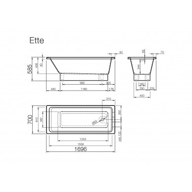 Akmens masės vonia ETTE 1696x700 mm su paslėptomis kojomis, balta