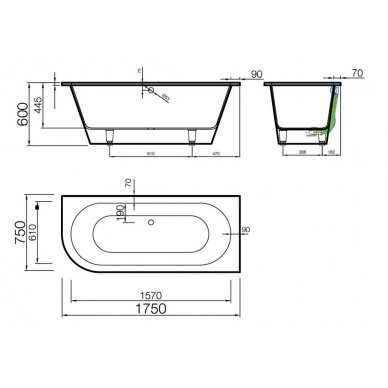 Akmens mases vonia Evento 1750x750mm,su 1 apvalintu kampu kairėje (Nr.3),balta(1001113K) 1