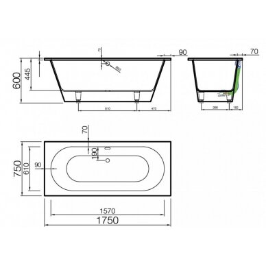 Akmens masės vonia Vispool Evento 1750x750 mm, stačiais kampais, balta 1