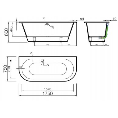 Akmens masės vonia Vispool Evento 2, 1750x750 mm, su 2 apvalintais kampais, balta 1