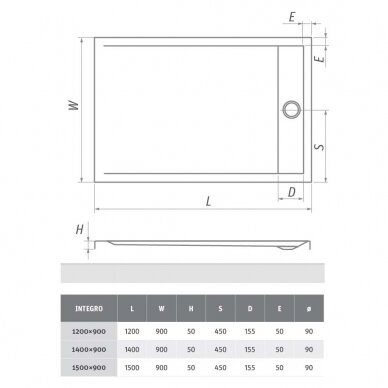 Akrilinis dušo padėklas INTEGRO 1200x900 mm su integruojamu sif. ir nerūd. pl. uždengimu, baltas 1