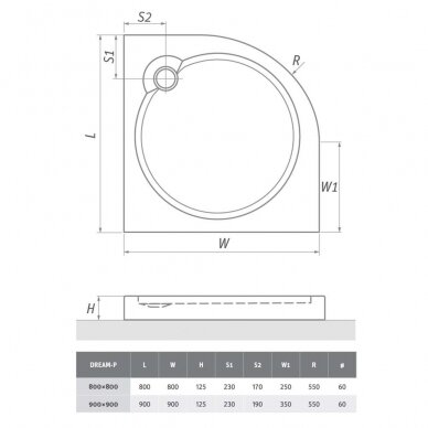 Dušo padėklas Dream-P 800x800x125mm, R-550, su sifonu, baltas 1