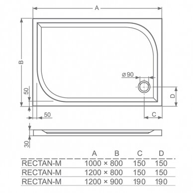 Dušo padėklas Rectan-M 1200x800x30, lietas marmuras, baltas 1