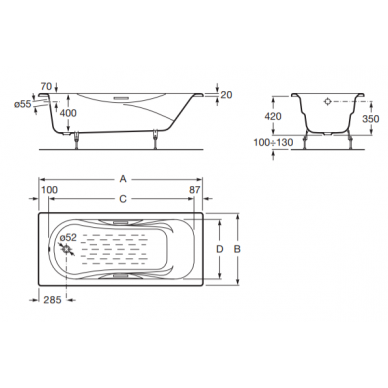 Emaliuota ketaus vonia MALIBU 1600x700 mm su chr. rank., antislip d., balta 1