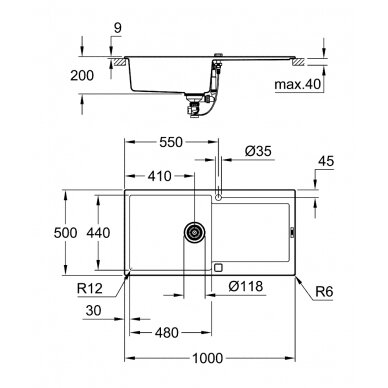 Grohe akmens masės plautuvė K500, 1000x500, ekcentrinis ventilis, spalva granito juoda 2