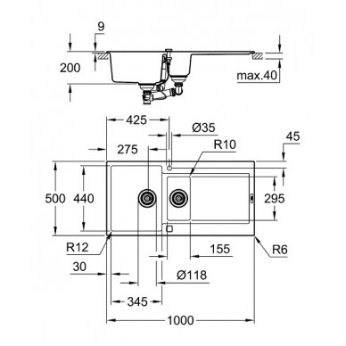 Grohe akmens masės plautuvė K500, 1000x500 mm, granito juoda 1