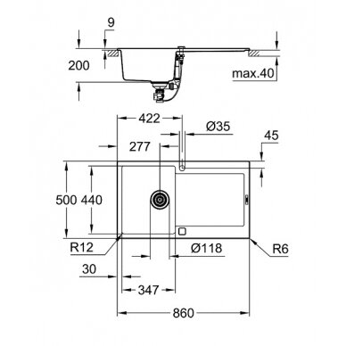 Grohe akmens masės plautuvė K500, su ekscentriniu ventiliu, juodos granito spalvos 1