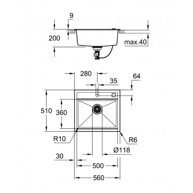 Grohe akmens masės plautuvė K700, 560 x 510 mm, granito juodos spalvos 1