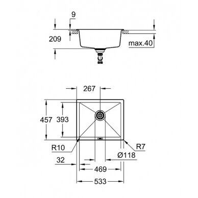 Grohe akmens masės plautuvė K700U, 533 x 457 mm, montuojama iš apačios, granito pilka spalva 1