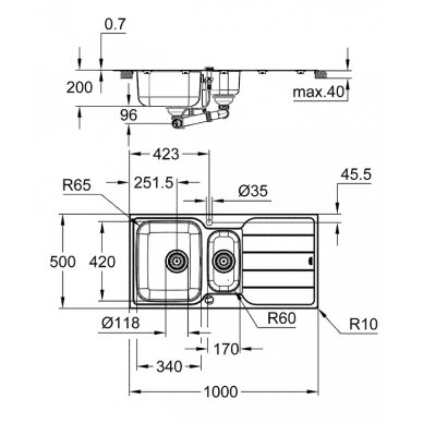 Grohe nerūdijančio plieno plautuvė K500, dubuo 34 x 42 cm, su nuvarvinimo indu 2