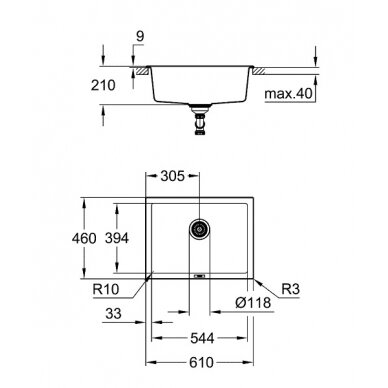 Grohe plautuvė K700U, montuojama iš apačios, 610x460mm, granito juodos spalvos 1