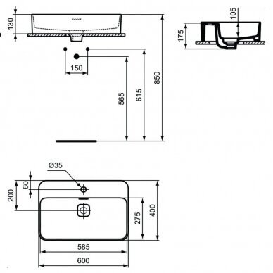 Ideal Standard Strada II ant stalviršio montuojamas praustuvas 60 x 40 x 17,5 cm su keramikiniu dugno vožtuvo dangteliu 1