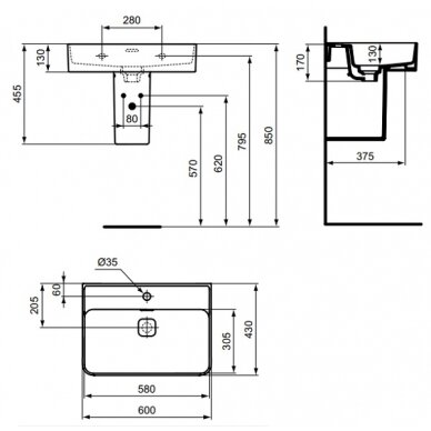 Ideal Standard STRADA II praustuvas 60 cm (60 x 43 x 17 cm), tvirtinamas prie sienos, baltas 2