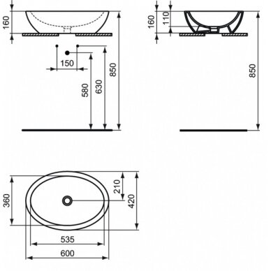 Ideal Standard STRADA O praustuvas montuojamas ant stalviršio 60x42 cm, juodas 3