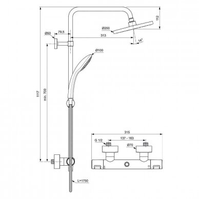 Ideal Standard termostatinė dušo sistema CTHERM 25, apvali 200 mm galva, 100mm rankinis dušas 2