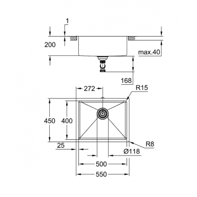 Plautuvė K700 U 60-S 544x444, nerūdijantis plienas, montuojama iš apačios, stainless steel 1